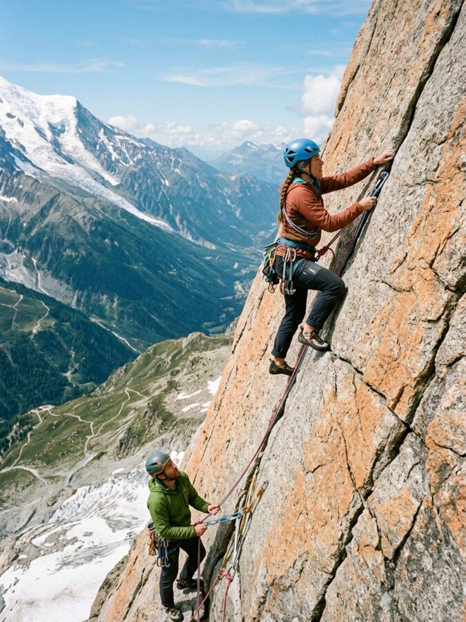 Cordada de dos escaladores ascendiendo una pared de granito en alta montaña