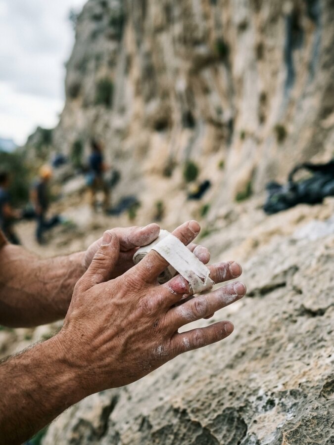 Manos de un escalador vendando un dedo con tape antes de escalar en roca real